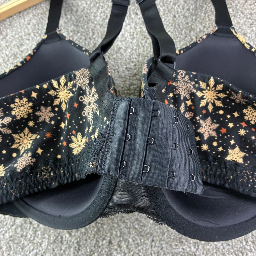 Ambrielle‎ Organic Cotton Demi Bra 40DD Black Gold Snowflake Holiday Racerback